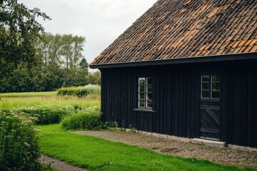 Fototapeta na wymiar Rustic wooden house surrounded by lush greenery and tall trees in a tranquil setting, captured during a cloudy day in a rural landscape