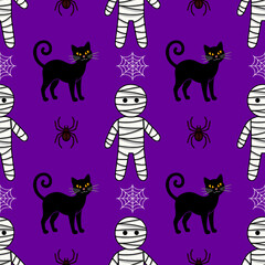 Seamless vector Halloween pattern with cute mummies, black cats, and spiders on a purple background, perfect for festive designs and spooky celebrations.