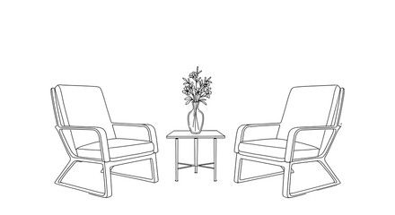 Minimalist Line Art Armchairs & Flower Vase