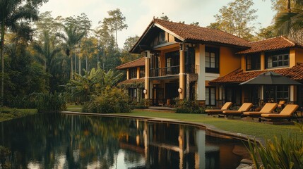 Obraz premium Luxurious villa by a pool, surrounded by tropical foliage