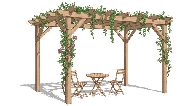 wooden pergola with roses and table clip art preview