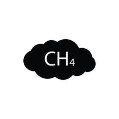 Minimalist icon showing a black cloud with “CH₄” text, representing methane gas. Ideal for use in environmental, climate change, greenhouse gases, or chemical hazard-related illustrations.