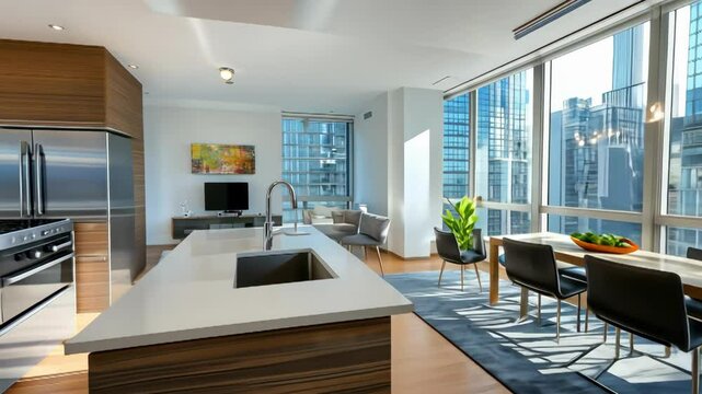 Bright apartment interior with kitchen island, dining table and cityscape view through large windows in modern highrise building for urban living.