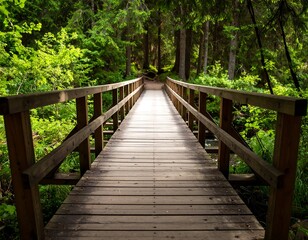 Wooden footbridge spanning a tranquil stream, nestled within a lush, green forest
