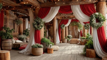Elegantly decorated rustic indoor space with wooden beams, draped red and white fabric, and lush green wreaths adorned with white flowers for a special event. Cozy seating areas with cushions, potted 