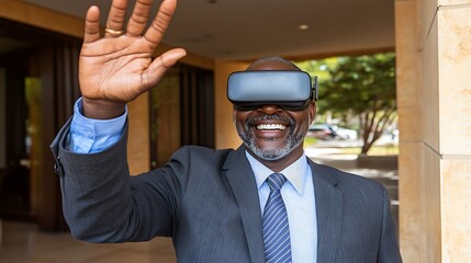 Businessman in VR headset, joyful expression