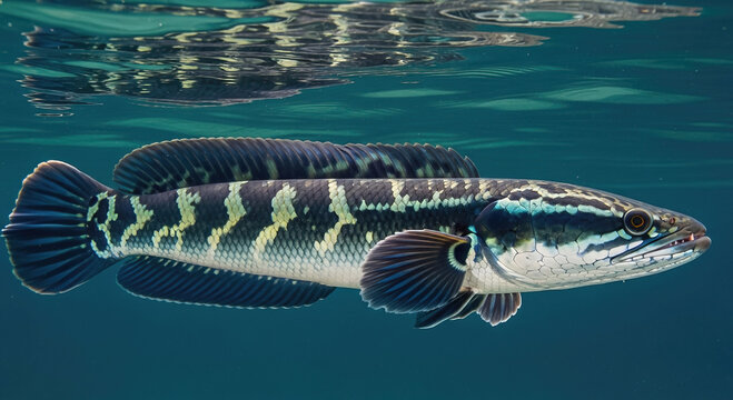 Malaysian Toman fish, also known as Giant Snakehead Fish swimming under water