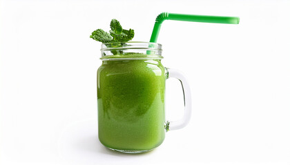 a mason jar filled with a green smoothie and garnished with mint leaves a green straw isolated on white perfect for health wellness and beverage visuals