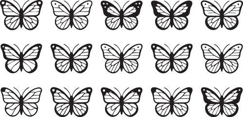 Fifteen butterfly silhouettes isolated on white background