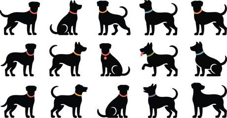 Fifteen dog silhouettes collection isolated on white background