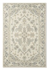 Cream-colored rug with a subtle, repeating floral design in muted gray and beige tones
