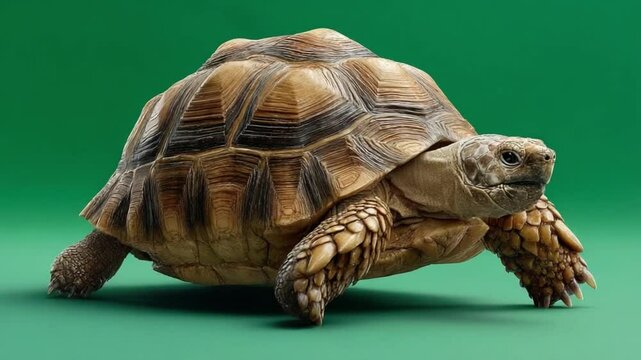 Giant Tortoise's Journey: A captivating close-up showcases a large tortoise against a vibrant green backdrop, highlighting its unique texture and calm, deliberate movement.