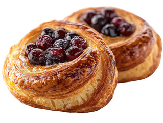 Delicious Blueberry Pastries: Two freshly baked pastries, each elegantly topped with a vibrant medley of juicy blueberries, promise a delightful culinary experience, ready to indulge.