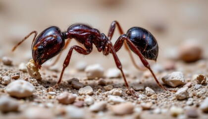 Close-up of a detailed black ant walking on sandy ground with small rocks, showing its segmented body, antennae, and six legs in natural habitat