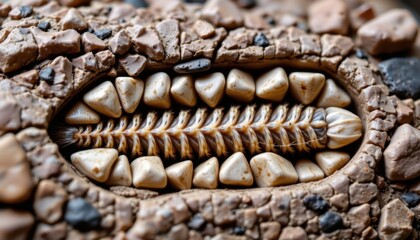 Close-up of a Fossilized Shark Jaw with Teeth and Surrounding Rocks in a Natural Earthy Environment Showing Geological Features and Ancient Marine Life Preservation