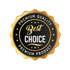 This design features a round emblem with a sophisticated black and gold color scheme. It highlights 'Best Choice' and symbols of premium quality, ideal for products or services.