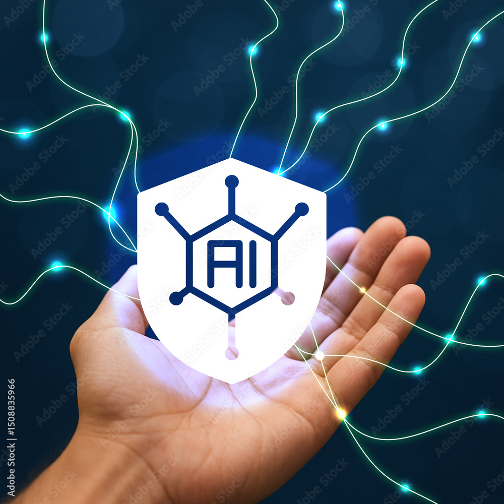 Poster holding data shield representing artificial intelligence and network