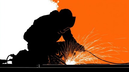 Welder creates sparks while working on metal at a bright workstation during daylight hours
