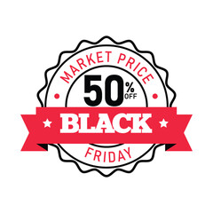 Obraz premium Featuring a bold red and black design, this promotional logo announces a 50% discount for Black Friday sales in a clean, minimal vector style. Ideal for marketing campaigns.