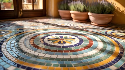"Vibrant Colorful Mosaic Tile Floor Featuring Circular Motifs, Abstract Mediterranean-Inspired Patterns, Handcrafted Aesthetic, and Dynamic Artistic Design for Bold Interior Spaces"
