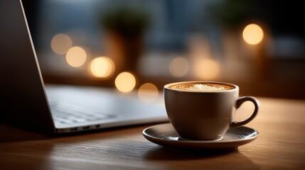 Obraz premium A cozy scene featuring a cup of coffee next to a laptop, set against a softly lit background that evokes a warm and inviting atmosphere