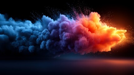 A vibrant cloud of colorful smoke blends shades of blue, purple, and orange, creating a dramatic visual effect against a dark background
