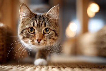 A close-up of a curious tabby cat with big expressive eyes, exploring its surroundings in a cozy indoor setting