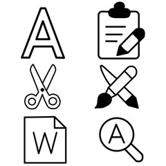A set of black and white vector icons related to document editing, word processing, and design tools