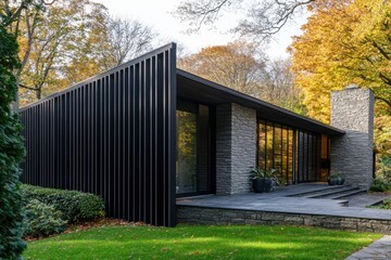 Modern architectural design blends seamlessly with nature in a residential property surrounded by vibrant autumn foliage