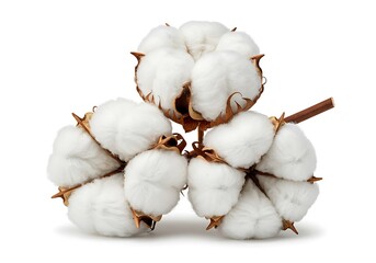 Three cotton plant blooms isolated against a white background for textile and wellness themes