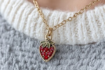 Close up golden necklace featuring a strawberry pendant hanging gracefully on a knitted sweater, enhancing the stylish and fashionable appearance of the outfit with a touch of elegance