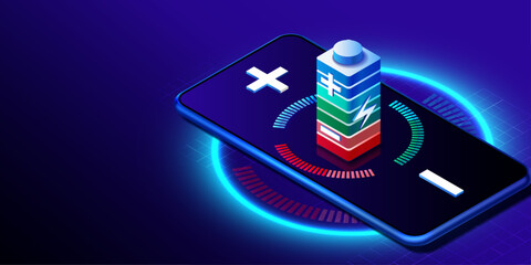 Battery charge of smartphone. Electric discharge lightning in neon isometric design. Power light energy storage. Accumulator high voltage, long battery charge. Technology vector illustration.