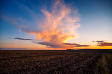 Dazzling sunset over an open field with colorful clouds in the soft evening sky.