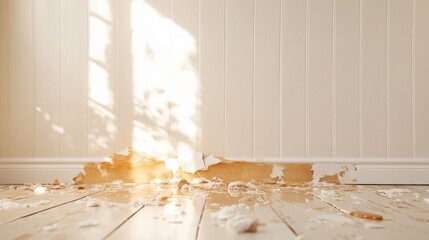The image depicts a sunlit interior scene featuring a damaged wall with peeling paint, symbolizing decay and the passage of time in living spaces.