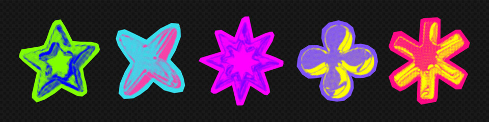 Y2k 3d punk neon colors light chrome halftone stars shape retro abstract vector illustration sticker set. Chrome silver 3d metallic halftone semitone retro effect bright neon color star collection.
