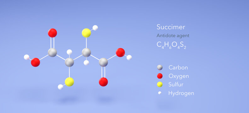 succimer molecule, molecular structure, antidote agent 3d model, Structural Chemical Formula and Atoms with Color Coding
