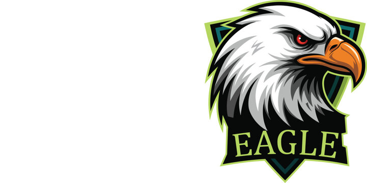 "A striking illustration of an eagle's head within a shield, featuring vibrant colors and bold details. This logo symbolizes strength and freedom, making it ideal for sports teams, organizations, or b