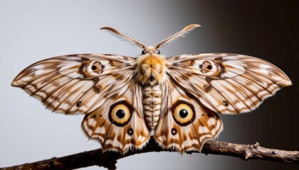Close-up of a detailed and colorful moth with intricate wing patterns perched on a thin branch against a neutral background, showcasing natural insect beauty and wing symmetry
