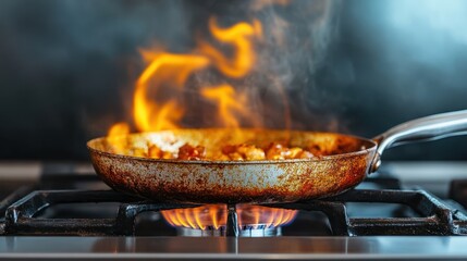 A frying pan over a gas stove with flames and smoke rising, representing the art of cooking and the passion that goes into creating flavorful home-cooked meals.