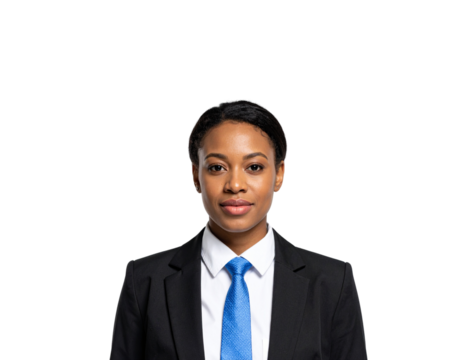 Confident AfricanAmerican businesswoman in a black suit and bright blue patterned tie - Powered by Adobe