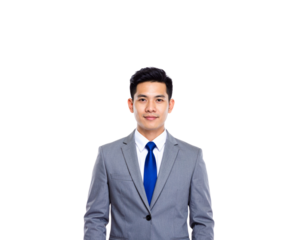 Confident Asian Businessman in Gray Suit and Bright Blue Tie Portrait