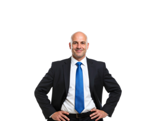 Confident Bald Businessman with Blue Tie and Hands on Hips Smiling