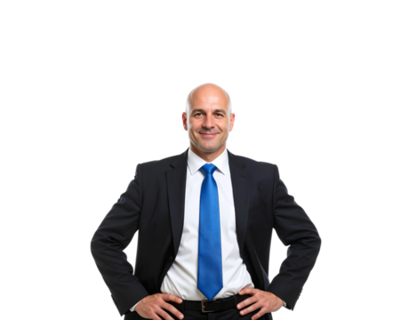 Confident Bald Businessman with Blue Tie and Hands on Hips Smiling