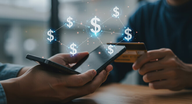 Online Banking: Man in his thirties makes a digital transaction with a smartphone and credit card connecting him to global financial networks.
