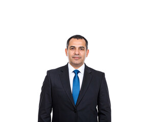 Confident businessman in dark suit and vibrant blue tie looking directly at the camera