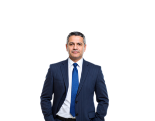 Confident businessman in pinstripe suit with hands in pockets looking forward