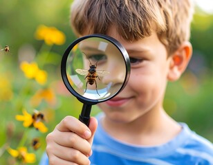 Young boy examining insect with magnifying glass outdoors