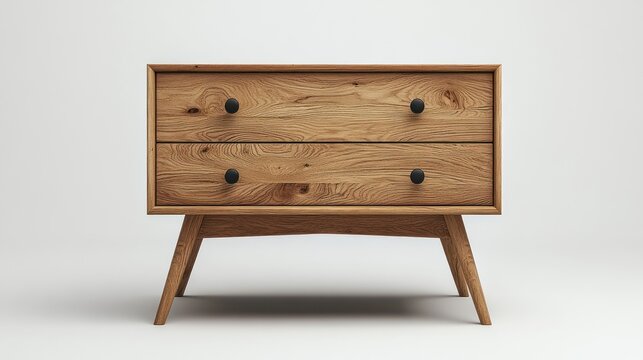 Mid-century modern wood dresser, two drawers, studio shot, minimalist background, bedroom furniture