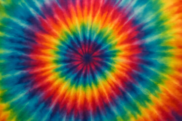 Photo of Vibrant tie-dye spiral pattern in rainbow colors on textile fabric