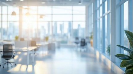 Bright and Cool Toned Abstract Blurred Modern Office with Large Windows, Creating a Clean and Spacious Workspace for Business and Corporate Concepts, Emphasizing Light and Minimalism